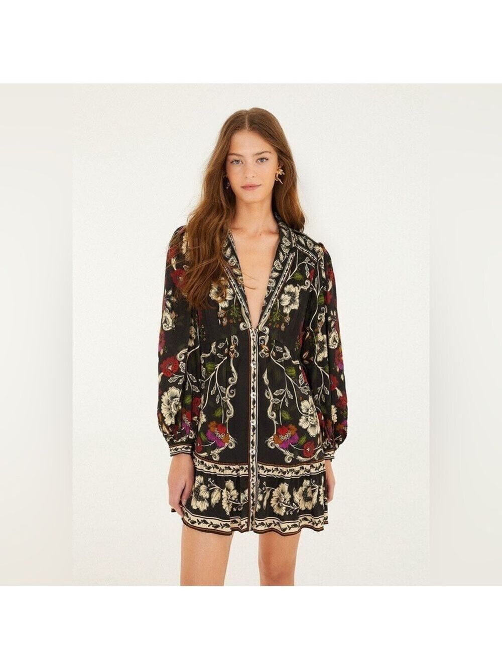 Farm Rio Black Rococo Flowers Mini Dress